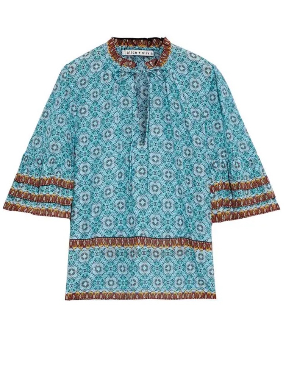 Alice + Olivia Julius Turquoise and Brown Printed Tiered Voile Blouse
